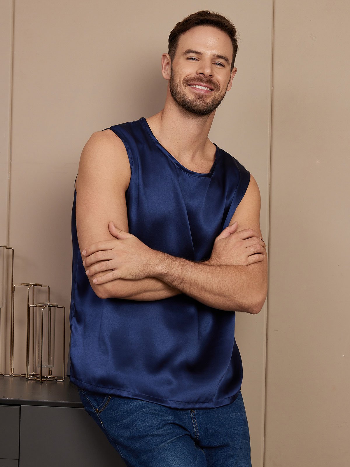 [Dark Blue] SilkSilky-UK Pure Silk Sleeveless Mens T-Shirt 005
