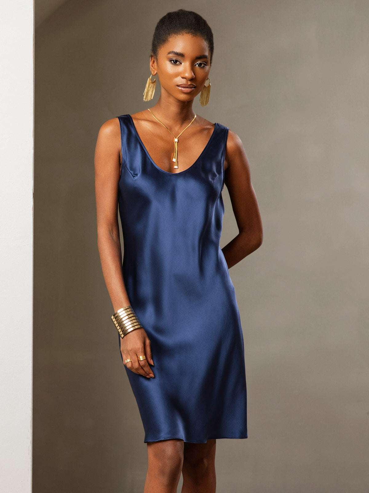 [Dark Blue] SilkSilky-UK Pure Silk Sleeveless Round Neck Dress 001