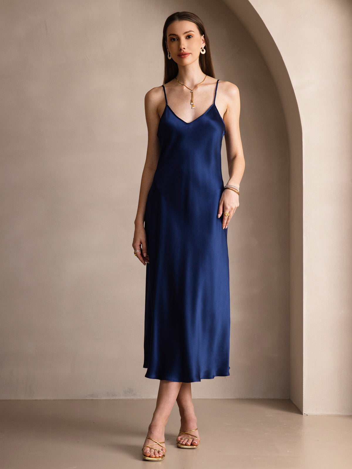 [Dark Blue] SilkSilky-UK Pure Silk Sleeveless Round Neck Dress 003