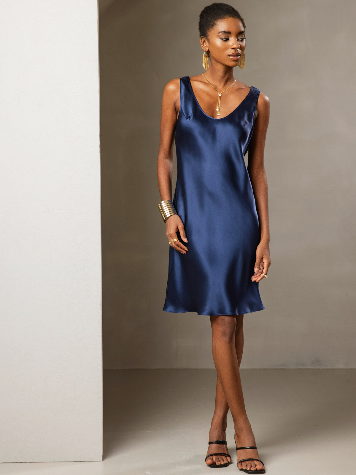 [Dark Blue] SilkSilky-UK Pure Silk Sleeveless Round Neck Dress 005