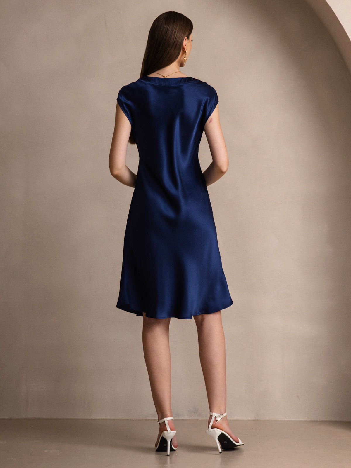 [Dark Blue] SilkSilky-UK Pure Silk Sleeveless V Neck Dress 002