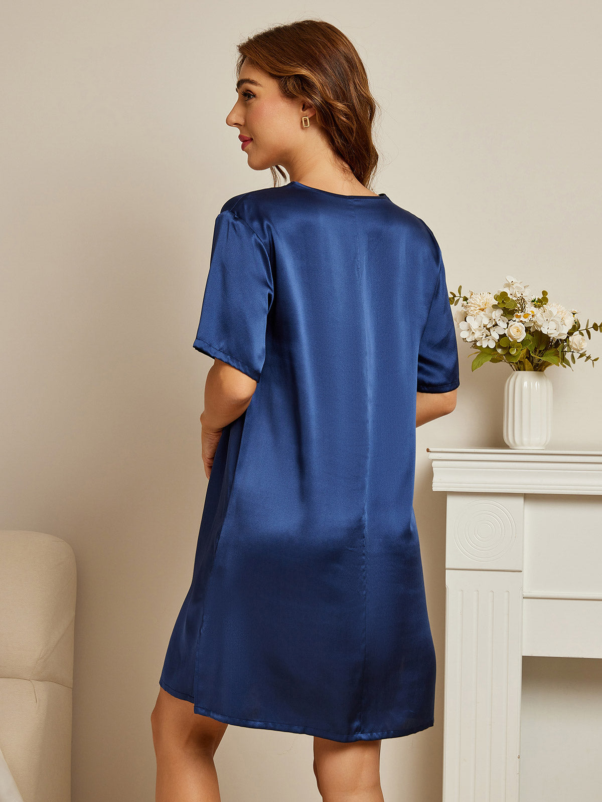 [Dark Blue] SilkSilky-UK Pure Silk V Neck Nightdress 002