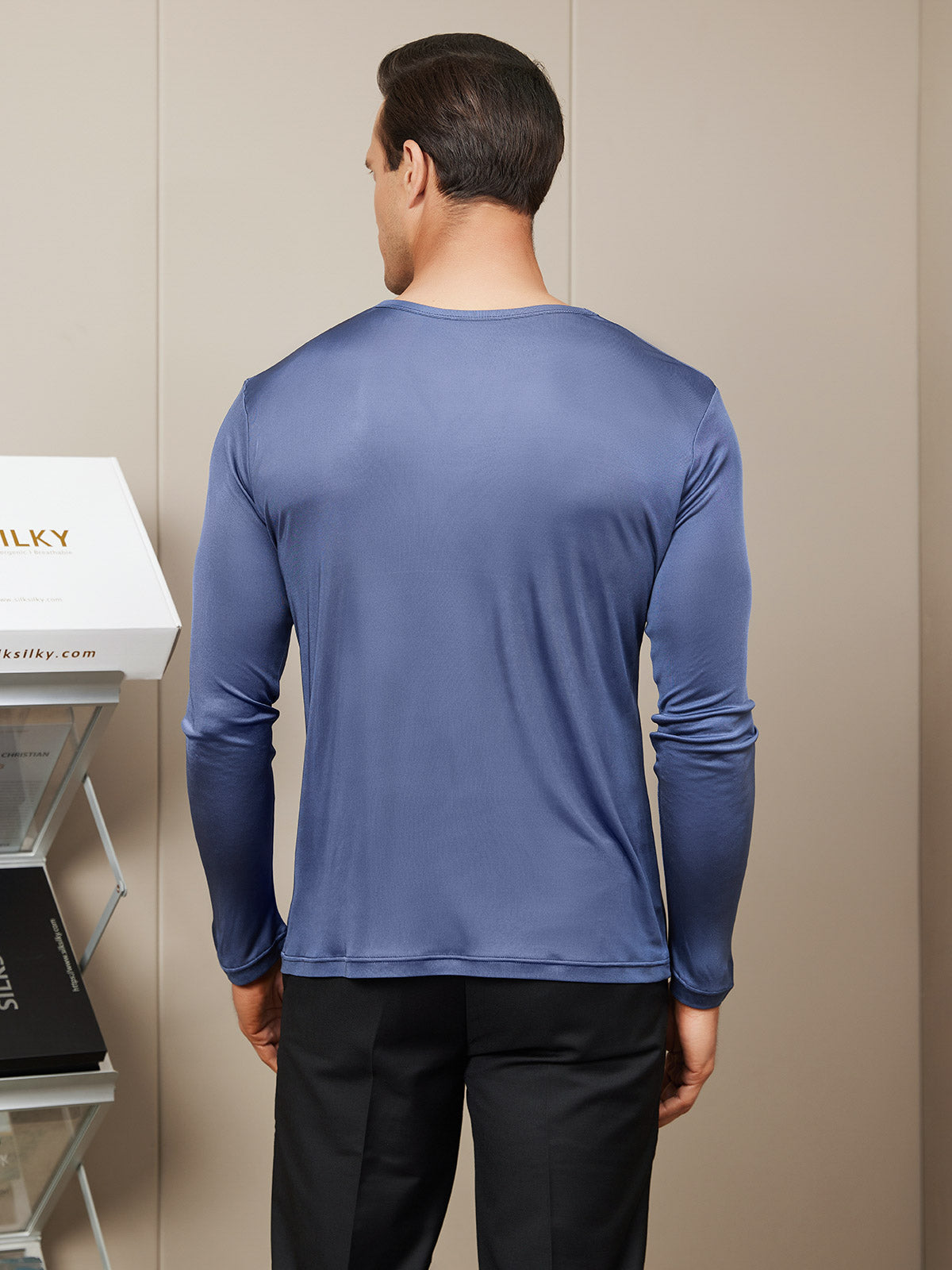 [Dark Blue] SilkSilky-UK Silk Knitted Long Sleeve Round Neck Men's T-Shirt 002