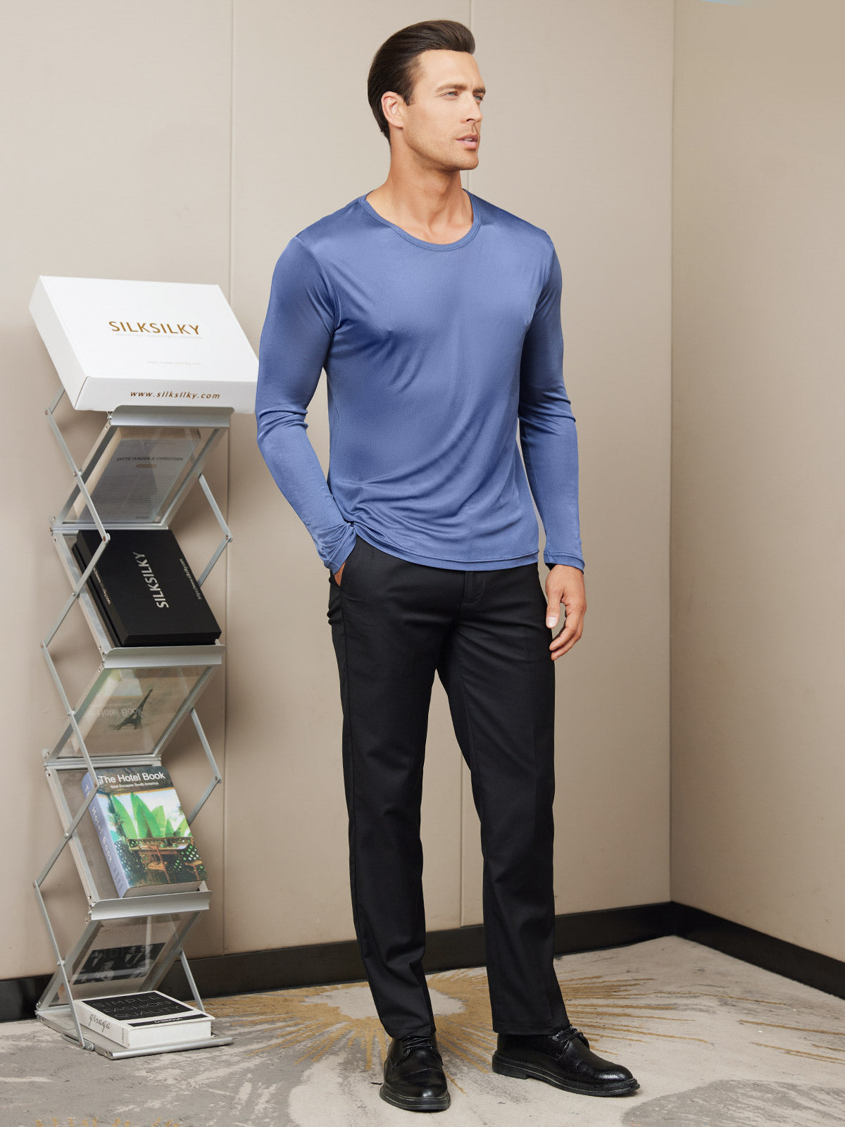 [Dark Blue] SilkSilky-UK Silk Knitted Long Sleeve Round Neck Men's T-Shirt 004