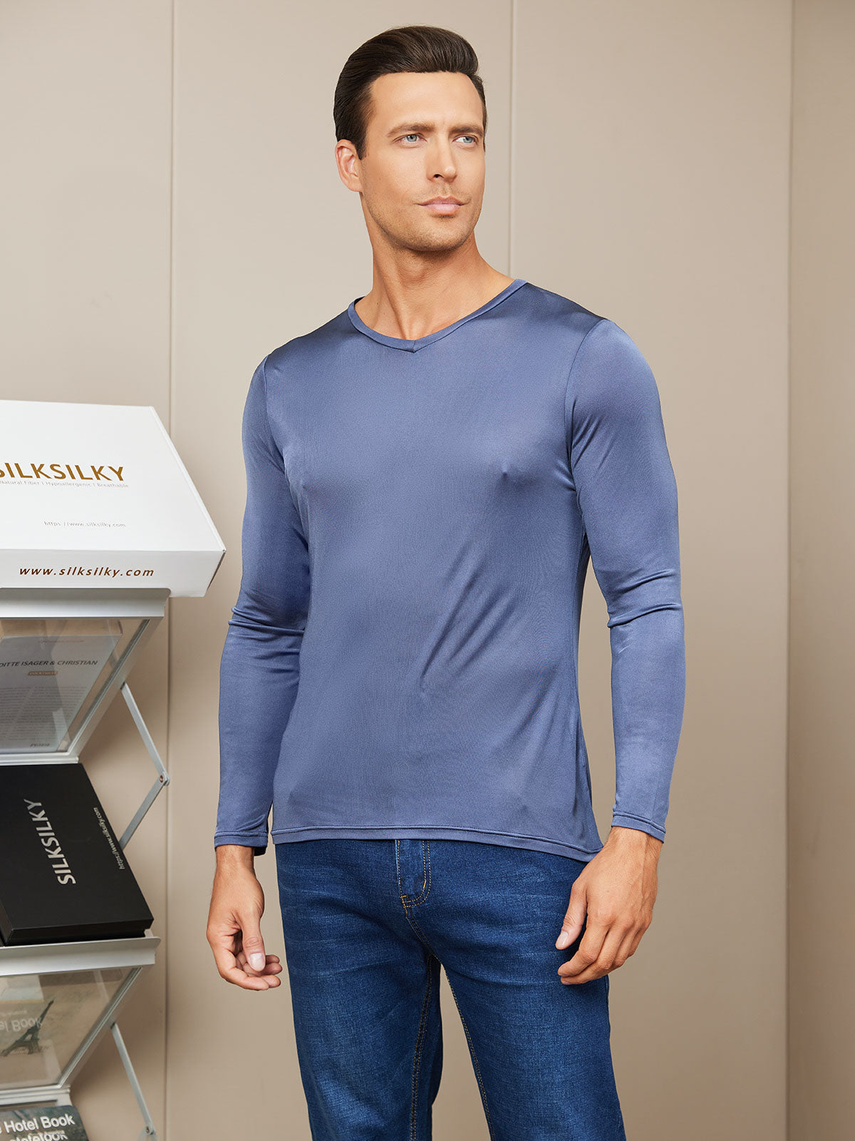 [Dark Blue] SilkSilky-UK Silk Knitted Long Sleeve V Neck Men's T-Shirt 001