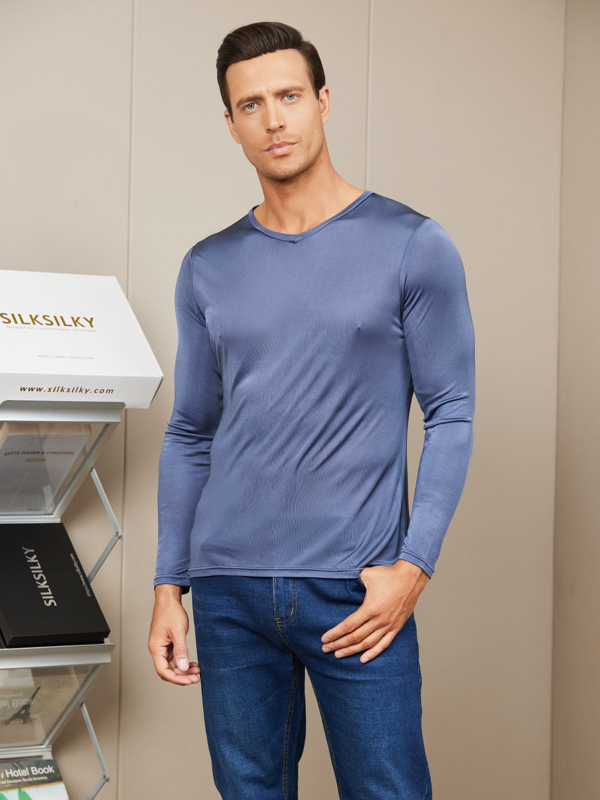 [Dark Blue] SilkSilky-UK Silk Knitted Long Sleeve V Neck Men's T-Shirt 003