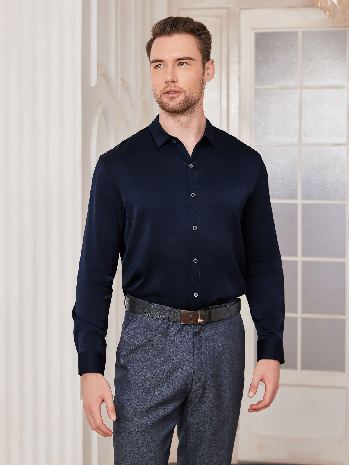 [Dark Blue] SilkSilky-UK Silk Long Sleeve Collar Men's Shirt 004