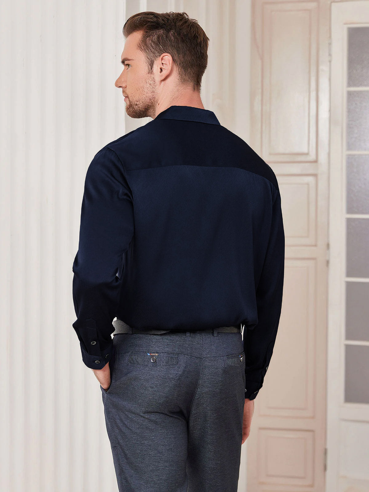 [Dark Blue] SilkSilky-UK Silk Long Sleeve Collar Men's Shirt 005