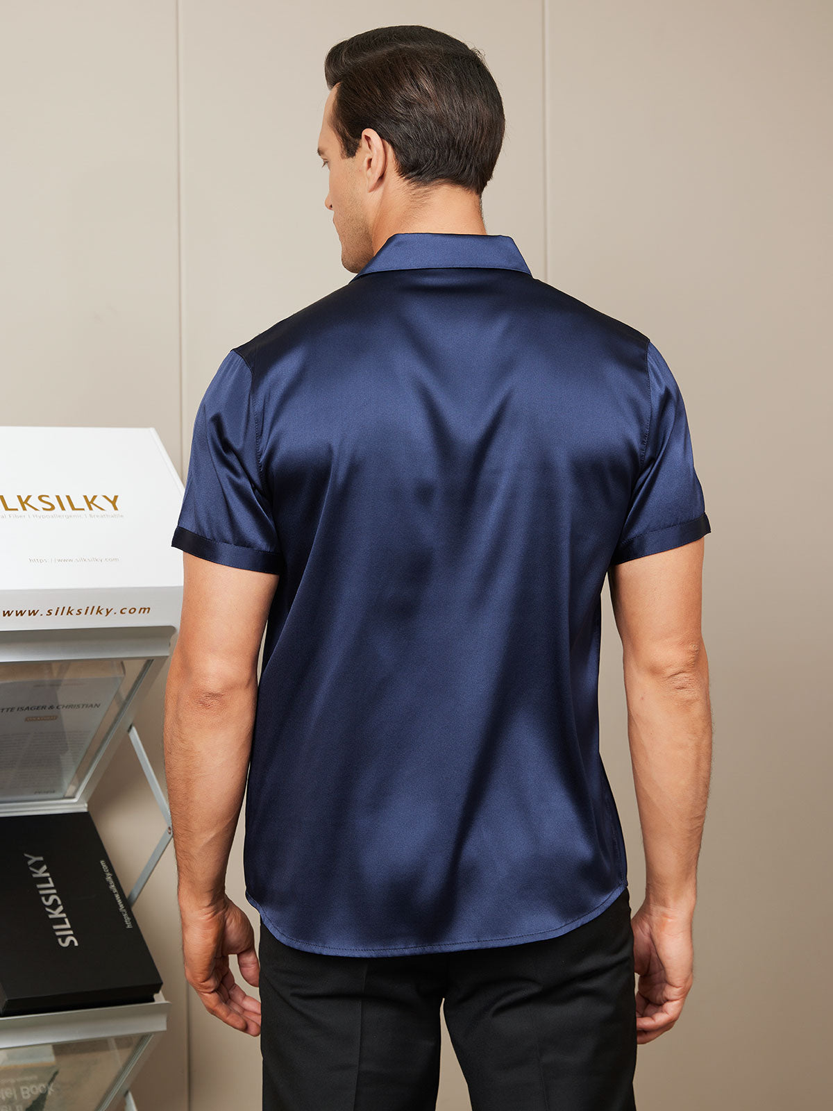 [Dark Blue] SilkSilky-UK Silk Short Sleeve Collar Men's Shirt 002