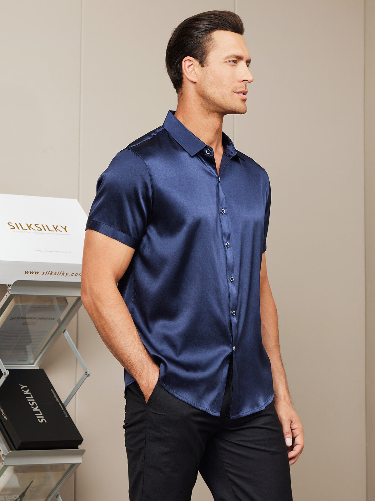 [Dark Blue] SilkSilky-UK Silk Short Sleeve Collar Men's Shirt 003
