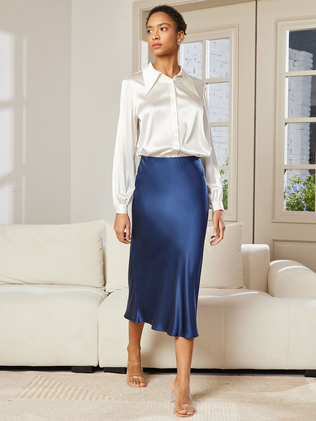 [Dark Blue] SilkSilky-UK 19Momme Pure Silk Skirt 005