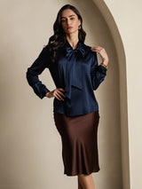 [Dark Blue] SilkSilky-UK 19Momme Stretch Silk Charmeuse Long Sleeve Tie Neck Blouse 001