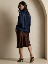 [Dark Blue] SilkSilky-UK 19Momme Stretch Silk Charmeuse Long Sleeve Tie Neck Blouse 002