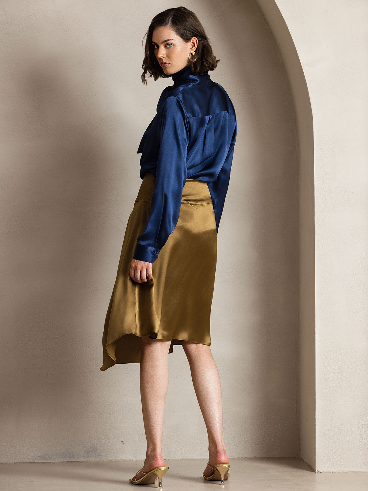 [Dark Blue] SilkSilky-UK 19Momme Silk Long Sleeve Tie Neck Blouse 004