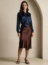 [Dark Blue] SilkSilky-UK 19Momme Stretch Silk Charmeuse Long Sleeve Tie Neck Blouse 007