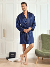 [Dark Blue] SilkSilky-UK Long Sleeve Men's Dressing Gown 004
