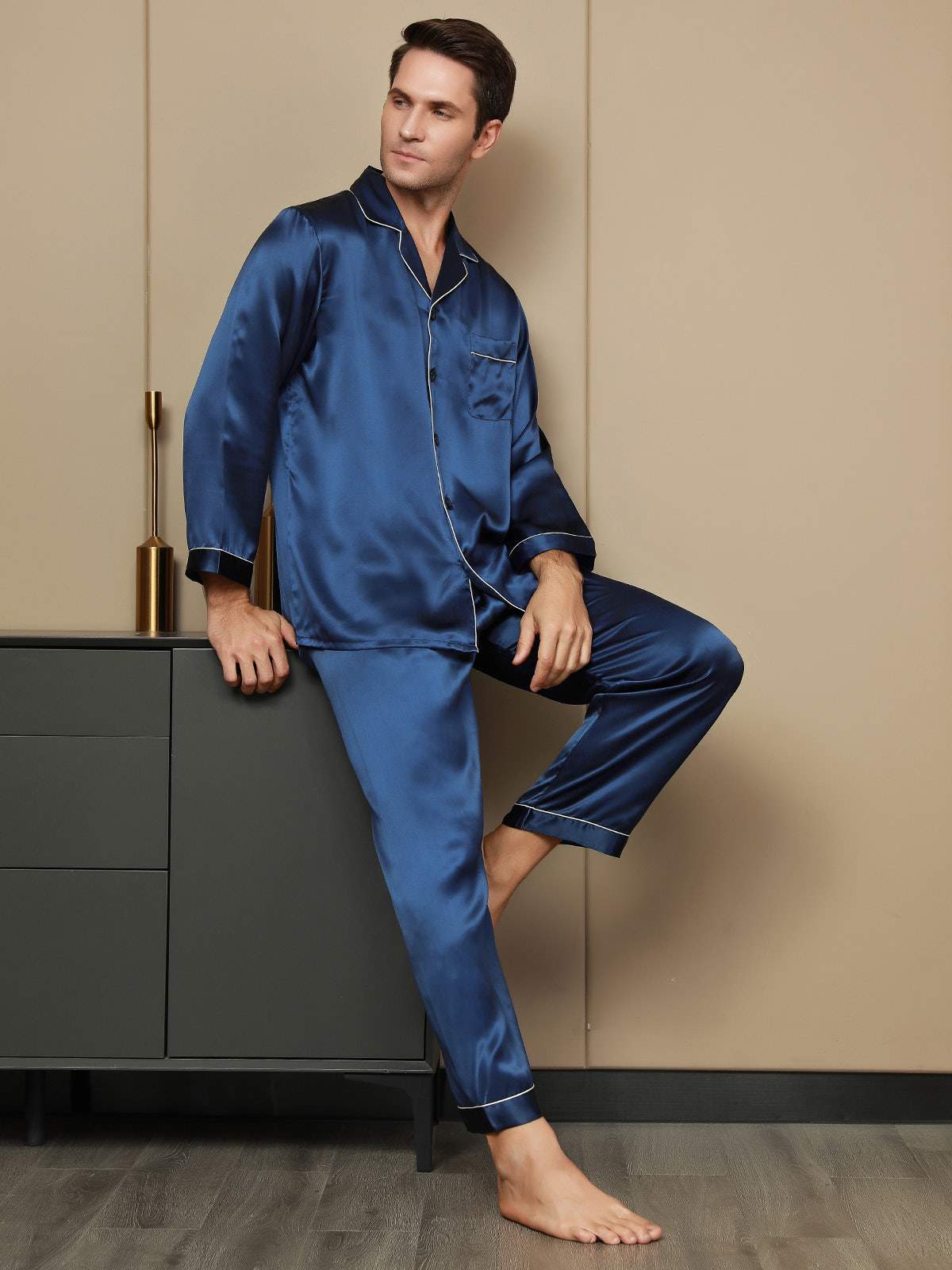 [Dark Blue] SilkSilky-UK Long Sleeve Lapel Collar Men's Pyjamas 001