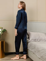 [Dark Blue] SilkSilky-UK Long Sleeve Lapel Collar Women's Pyjamas 004