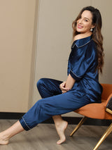 [Dark Blue] SilkSilky-UK Short Sleeve Notch Collar Women's Pyjamas 006