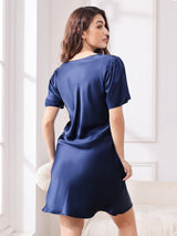[Dark Blue] SilkSilky-UK Short Sleeve V Neck Nightdress 002