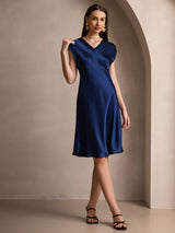 [Dark Blue] SilkSilky-UK Cap Sleeve V Neck Dress 003