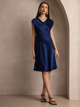 [Dark Blue] SilkSilky-UK Cap Sleeve V Neck Dress 004