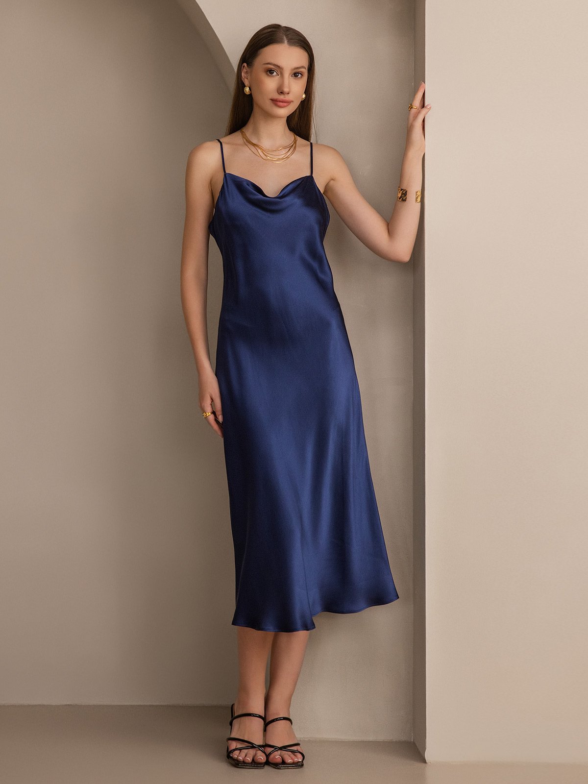 [Dark Blue] SilkSilky-UK Spaghetti Strap Cowl Neck Dress 001