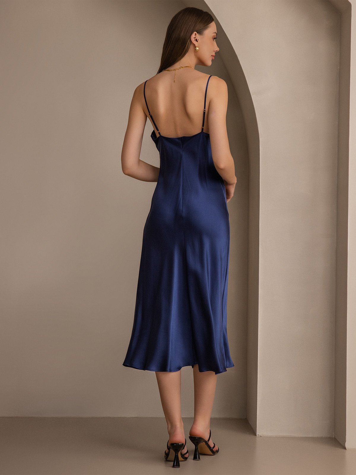 [Dark Blue] SilkSilky-UK Spaghetti Strap Cowl Neck Dress 002