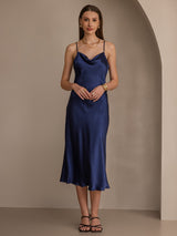 [Dark Blue] SilkSilky-UK Spaghetti Strap Cowl Neck Dress 004