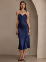 [Dark Blue] SilkSilky-UK Spaghetti Strap Cowl Neck Dress 005
