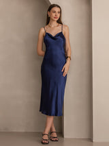 [Dark Blue] SilkSilky-UK Spaghetti Strap Cowl Neck Dress 006