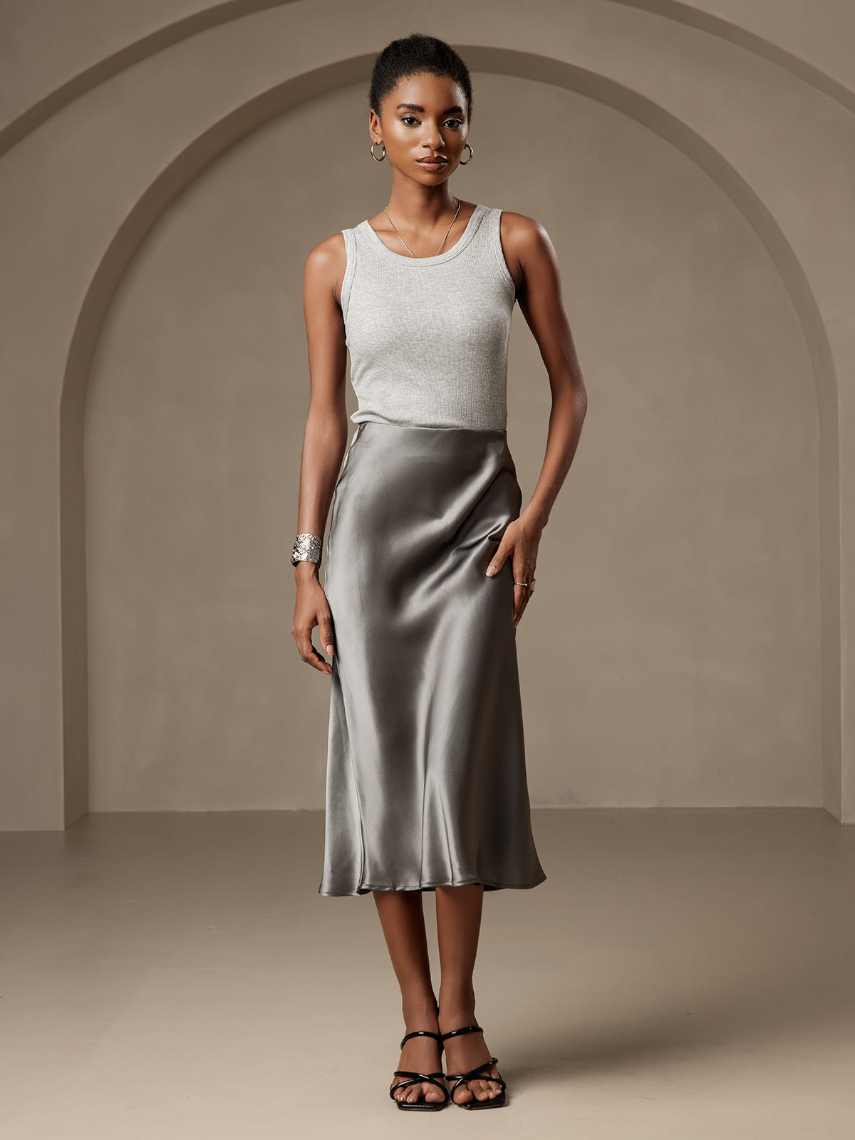 [Dark Gray] SilkSilky-UK 19Momme Pure Silk Skirt 001