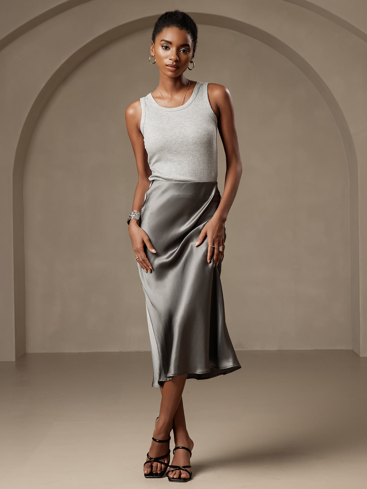 [Dark Gray] SilkSilky-UK 19Momme Pure Silk Skirt 004