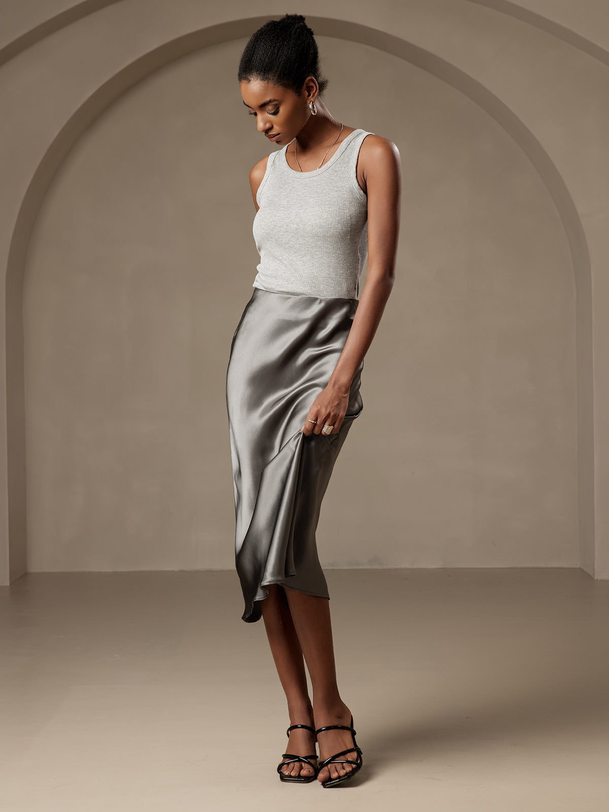 [Dark Gray] SilkSilky-UK 19Momme Pure Silk Skirt 005