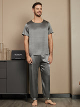 [Dark Gray] SilkSilky-UK Pure Silk Short Sleeve Round Neck Men's Pyjamas 001