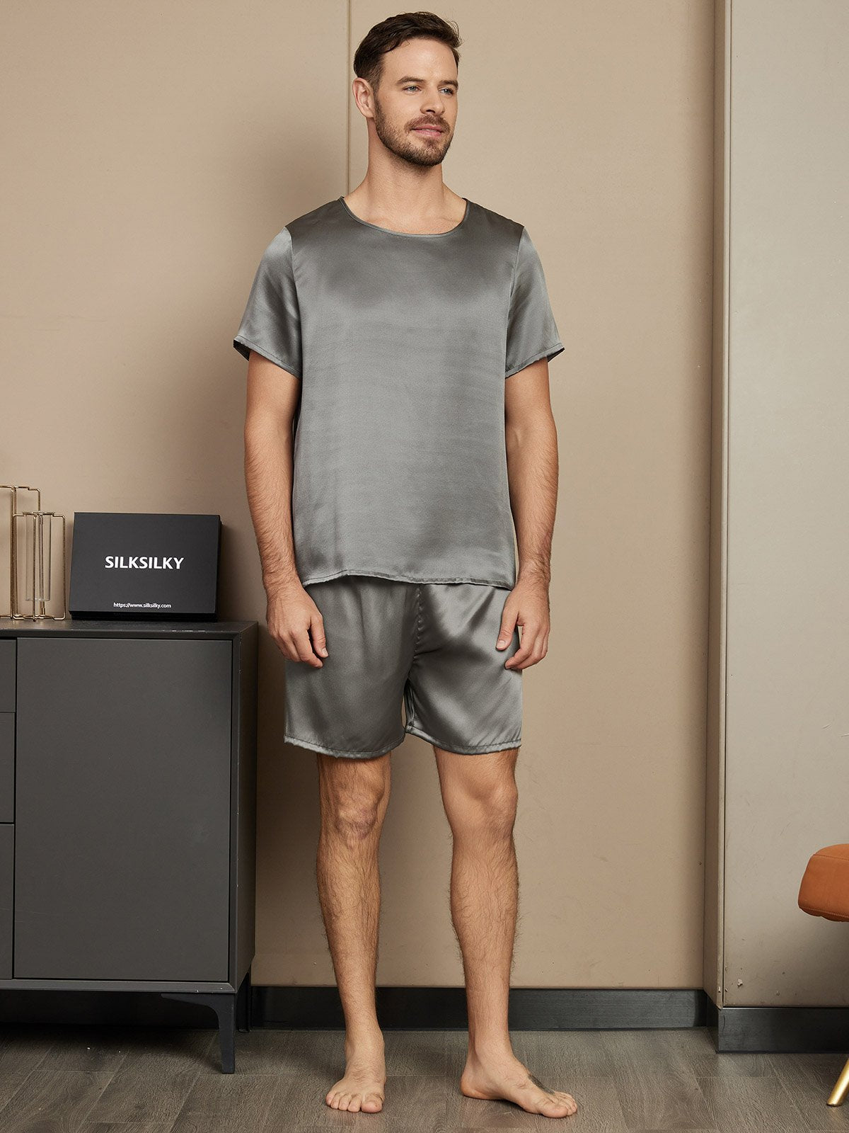 [Dark Gray] SilkSilky-UK Pure Silk Short Sleeve Round Neck Men's Pyjamas 001