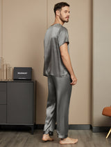 [Dark Gray] SilkSilky-UK Pure Silk Short Sleeve Round Neck Men's Pyjamas 002