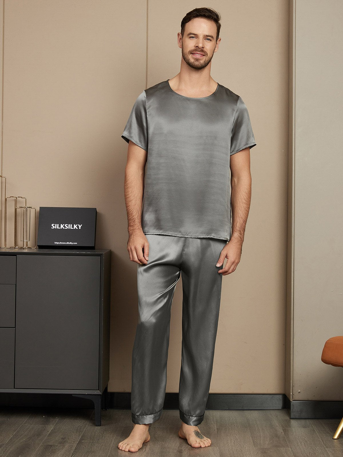 [Dark Gray] SilkSilky-UK Pure Silk Short Sleeve Round Neck Men's Pyjamas 003