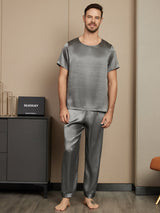 [Dark Gray] SilkSilky-UK Pure Silk Short Sleeve Round Neck Men's Pyjamas 003