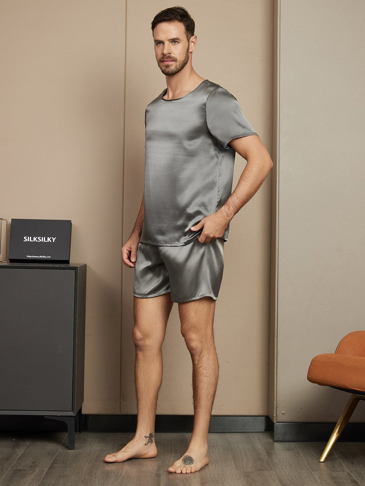 [Dark Gray] SilkSilky-UK Pure Silk Short Sleeve Round Neck Men's Pyjamas 003