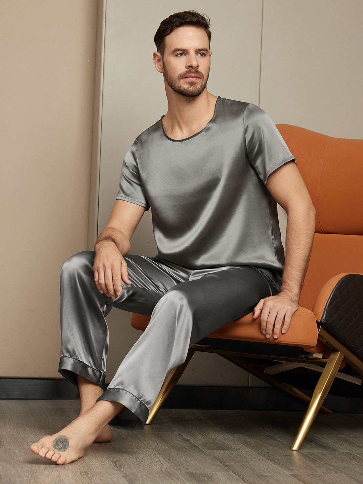[Dark Gray] SilkSilky-UK Pure Silk Short Sleeve Round Neck Men's Pyjamas 004