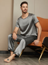[Dark Gray] SilkSilky-UK Pure Silk Short Sleeve Round Neck Men's Pyjamas 004