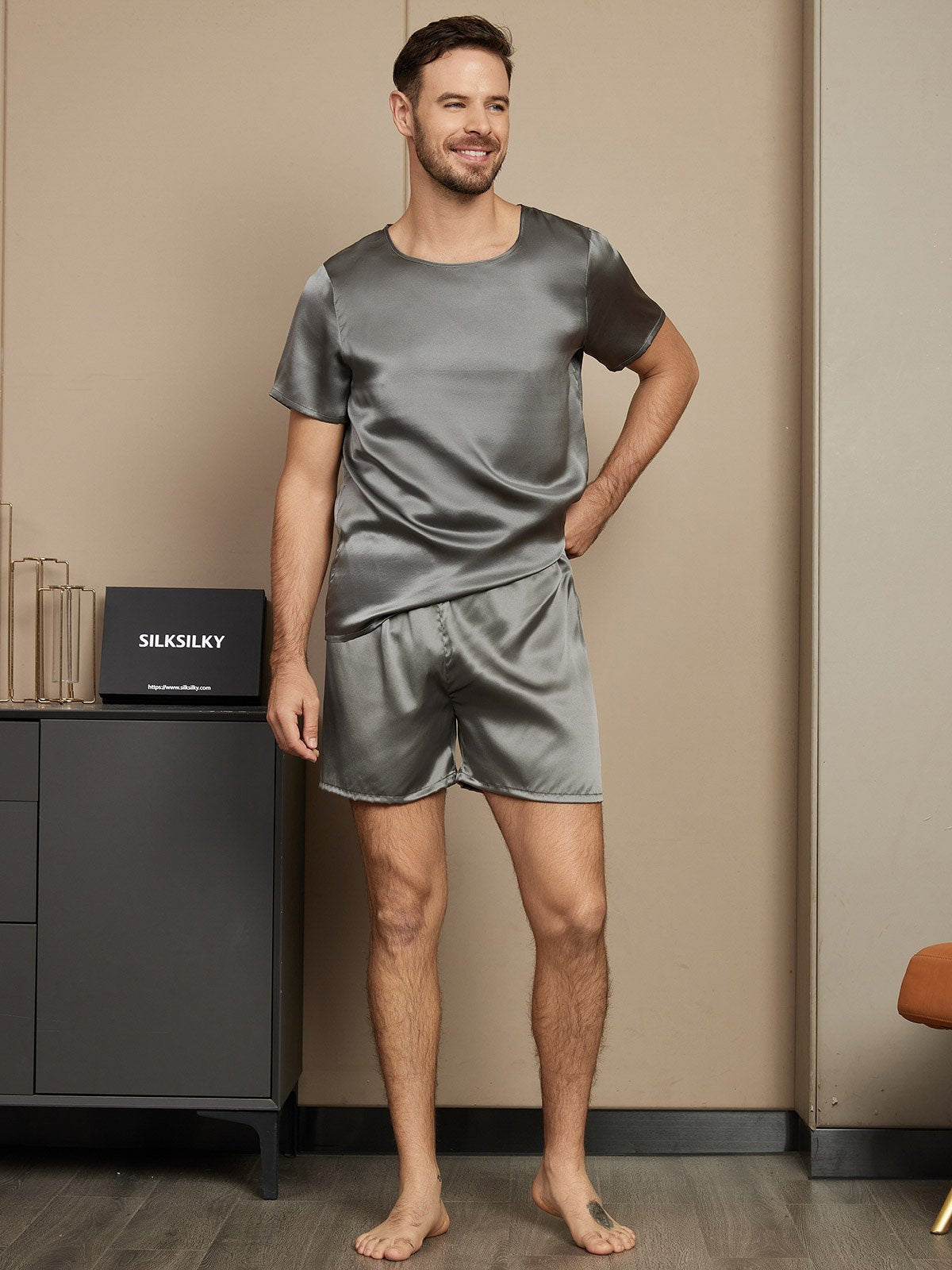 [Dark Gray] SilkSilky-UK Pure Silk Short Sleeve Round Neck Men's Pyjamas 004