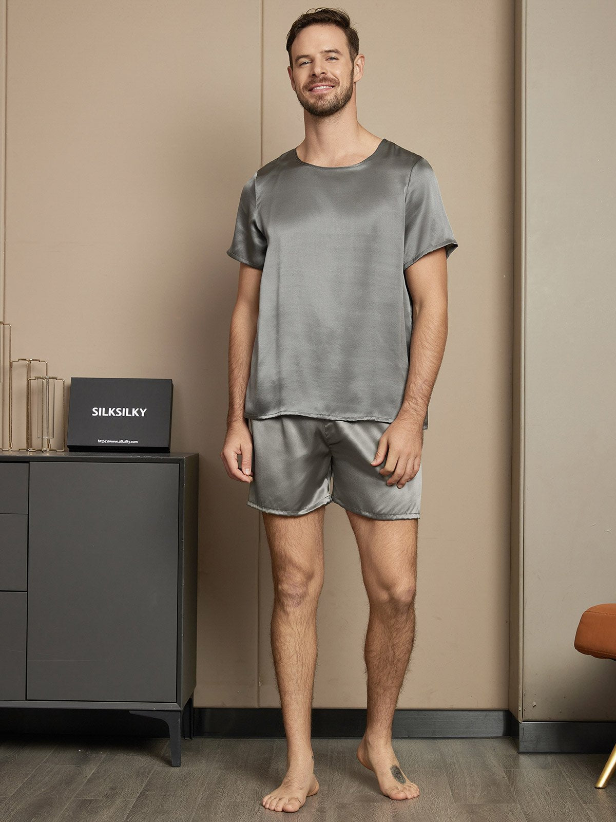 [Dark Gray] SilkSilky-UK Pure Silk Short Sleeve Round Neck Men's Pyjamas 005