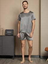 [Dark Gray] SilkSilky-UK Pure Silk Short Sleeve Round Neck Men's Pyjamas 005