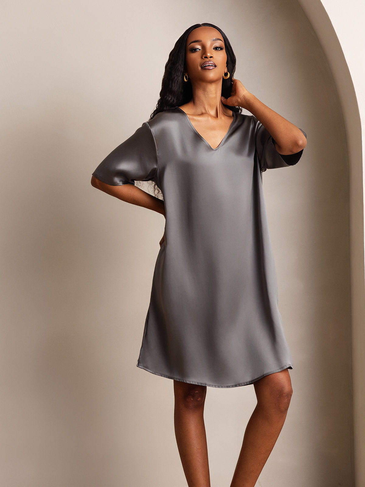 [Dark Gray] SilkSilky-UK Pure Silk V Neck Nightdress 007
