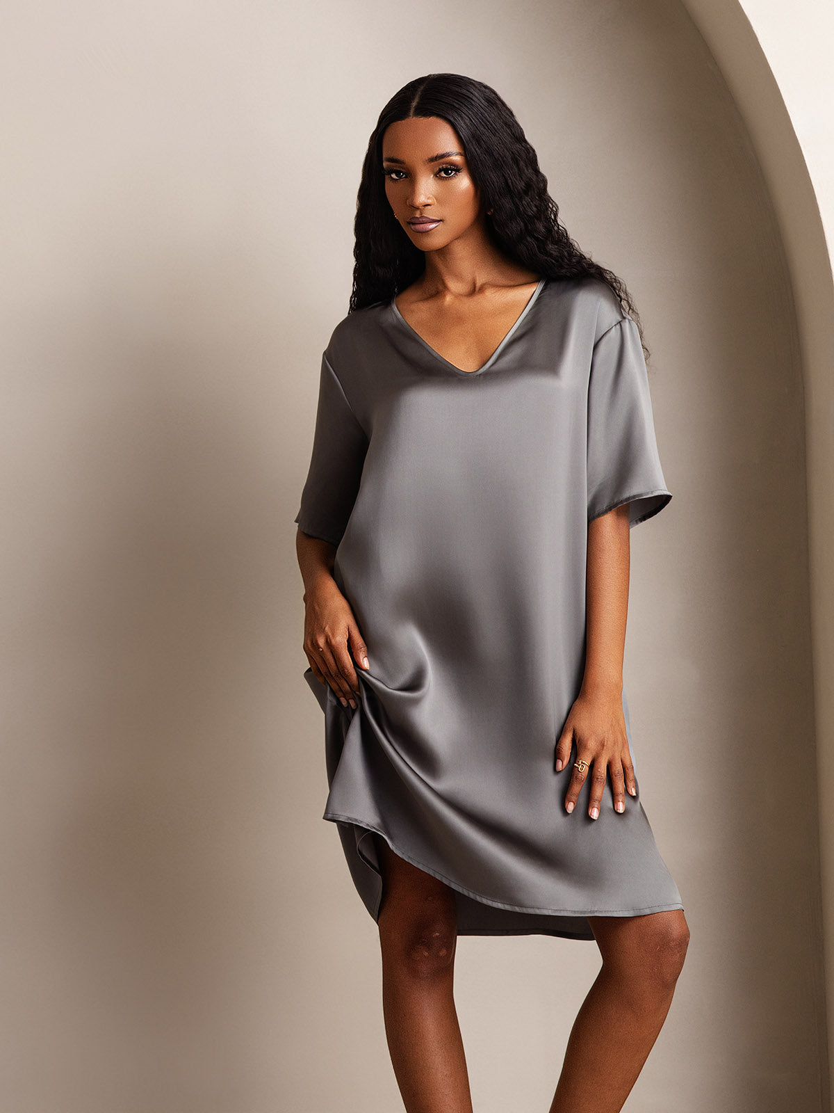 [Dark Gray] SilkSilky-UK Pure Silk V Neck Nightdress 008