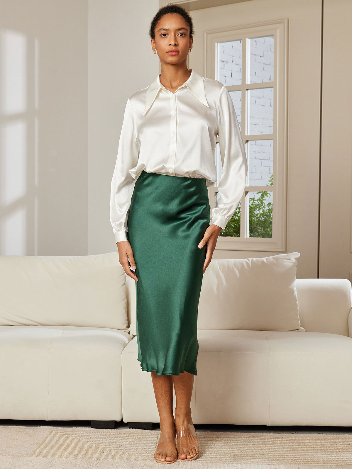 [Dark Green] SilkSilky-UK 19Momme Pure Silk Skirt 005