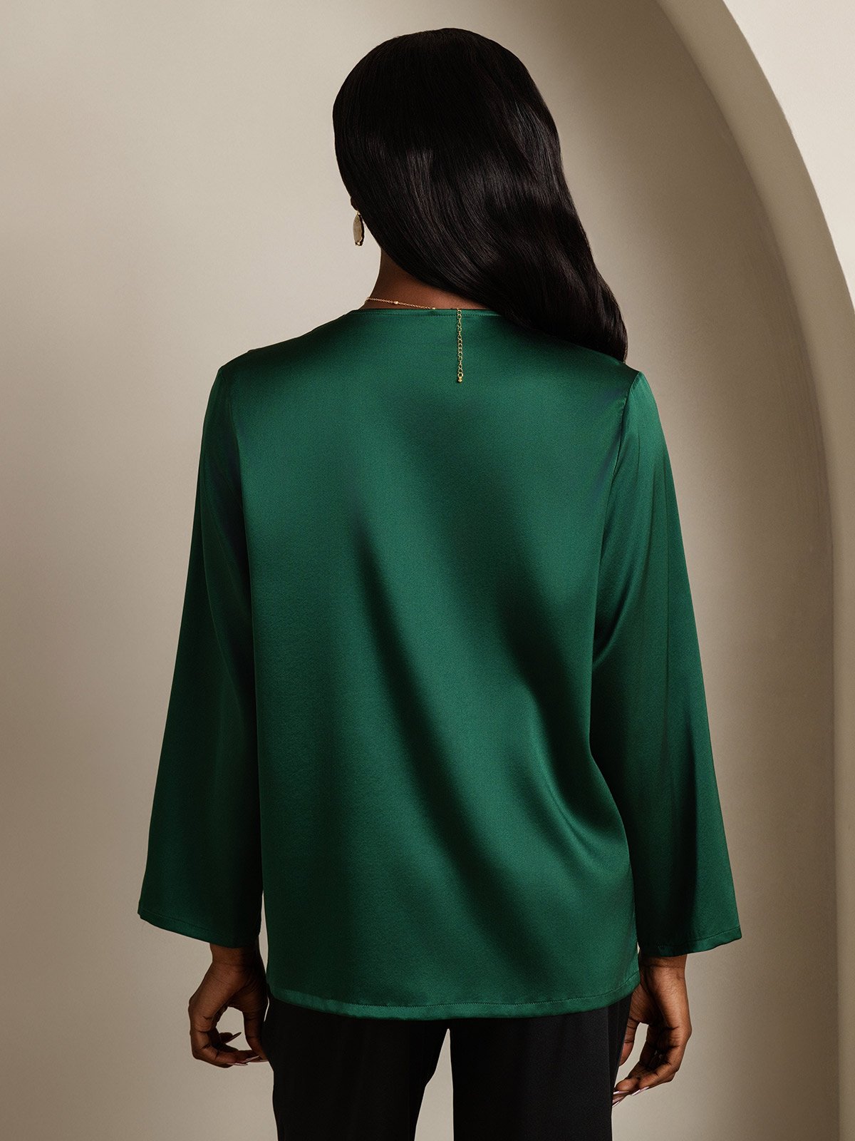 [Dark Green] SilkSilky-UK 19Momme Silk V Neck Women's Shirt 002