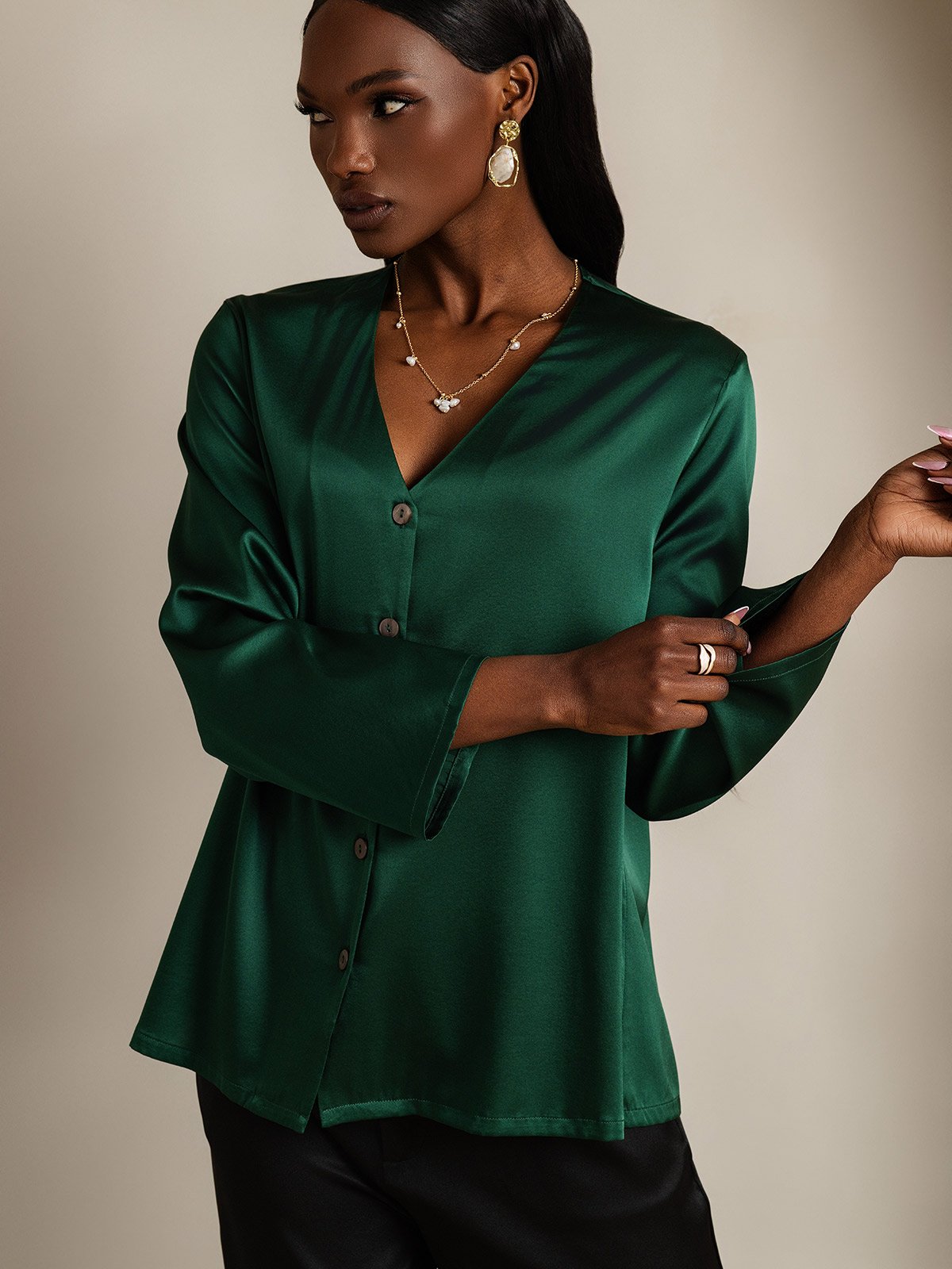 [Dark Green] SilkSilky-UK 19Momme Silk V Neck Women's Shirt 003